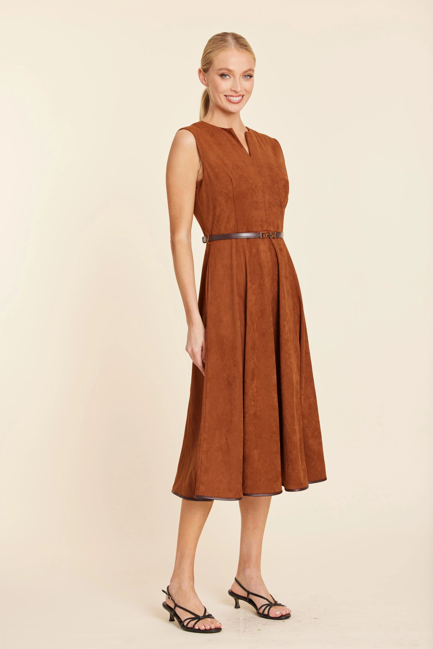 Faux Suede Belted Midi Dress