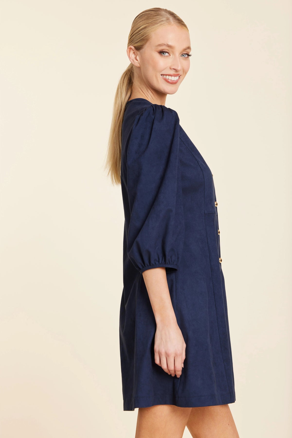 Faux Suede Gold Button Dress