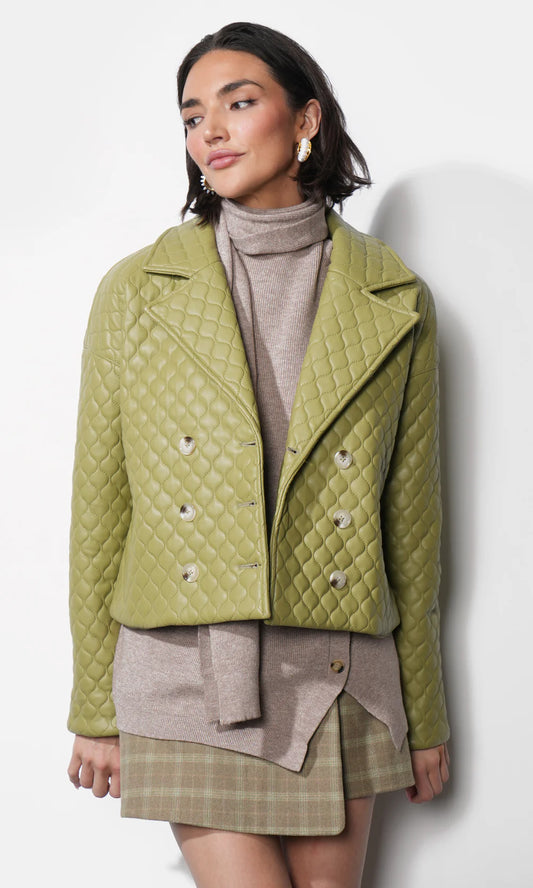 Sandra Quilted Vegan Leather Jacket in Algae Green
