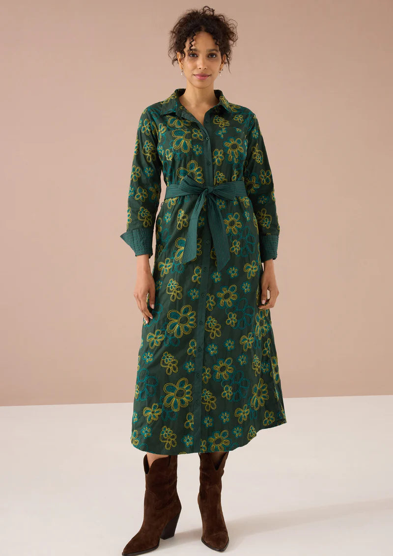 Waverly Dress in Olive Retro Floral Embroidery