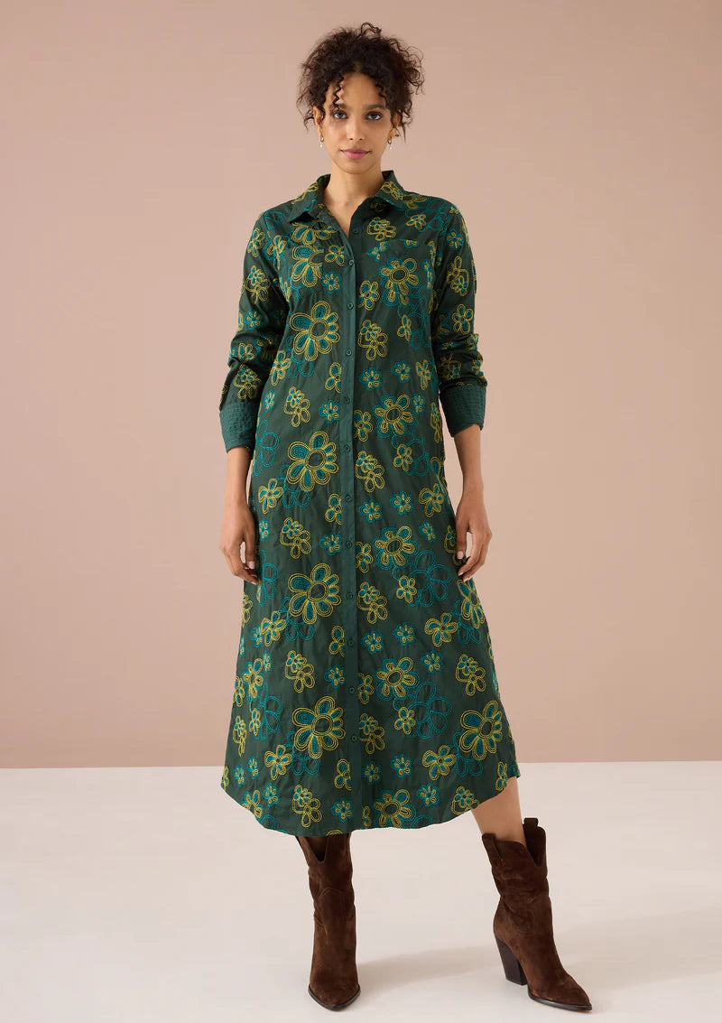 Waverly Dress in Olive Retro Floral Embroidery