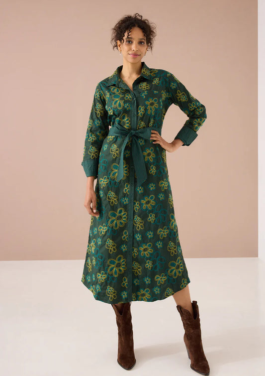 Waverly Dress in Olive Retro Floral Embroidery