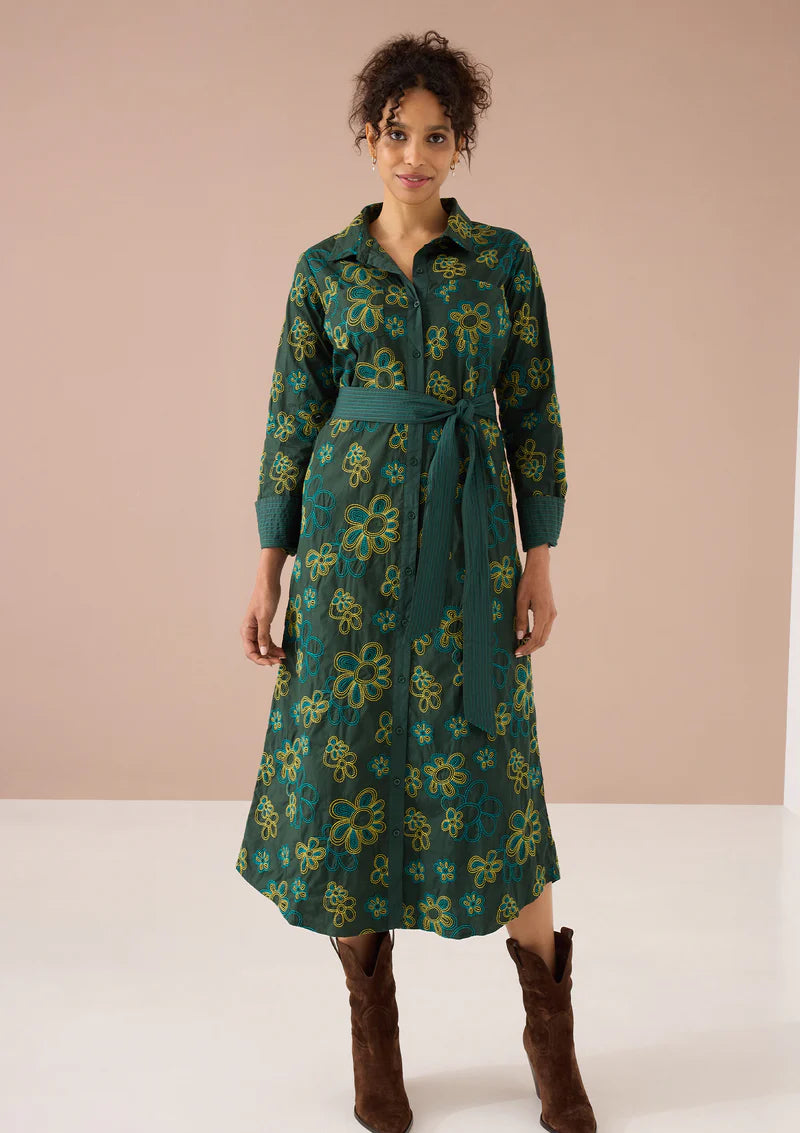 Waverly Dress in Olive Retro Floral Embroidery