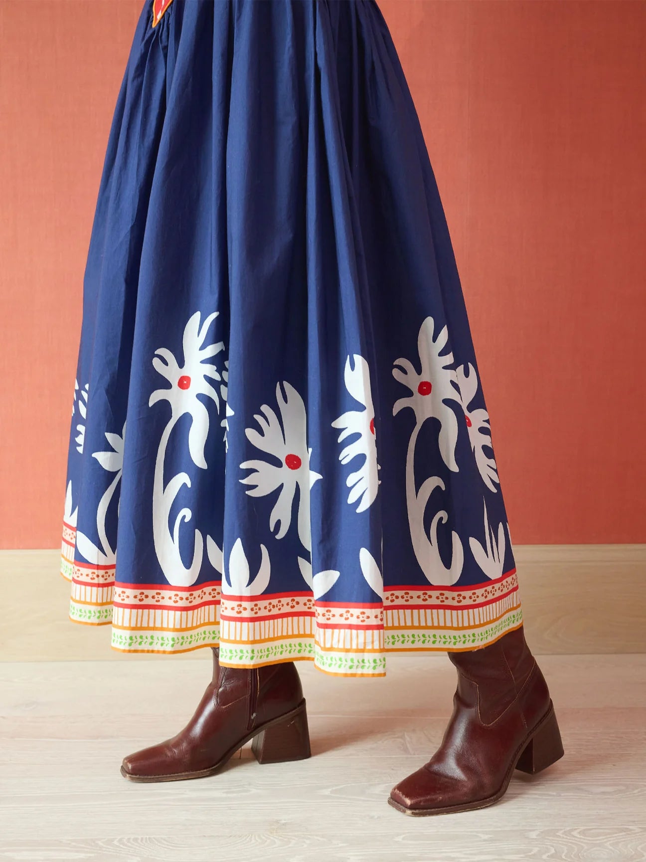Arched Drop Waist Skirt in Painter's Garden Navy