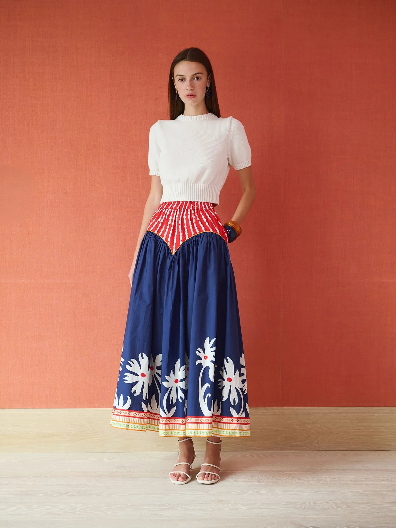 Arched Drop Waist Skirt in Painter's Garden Navy