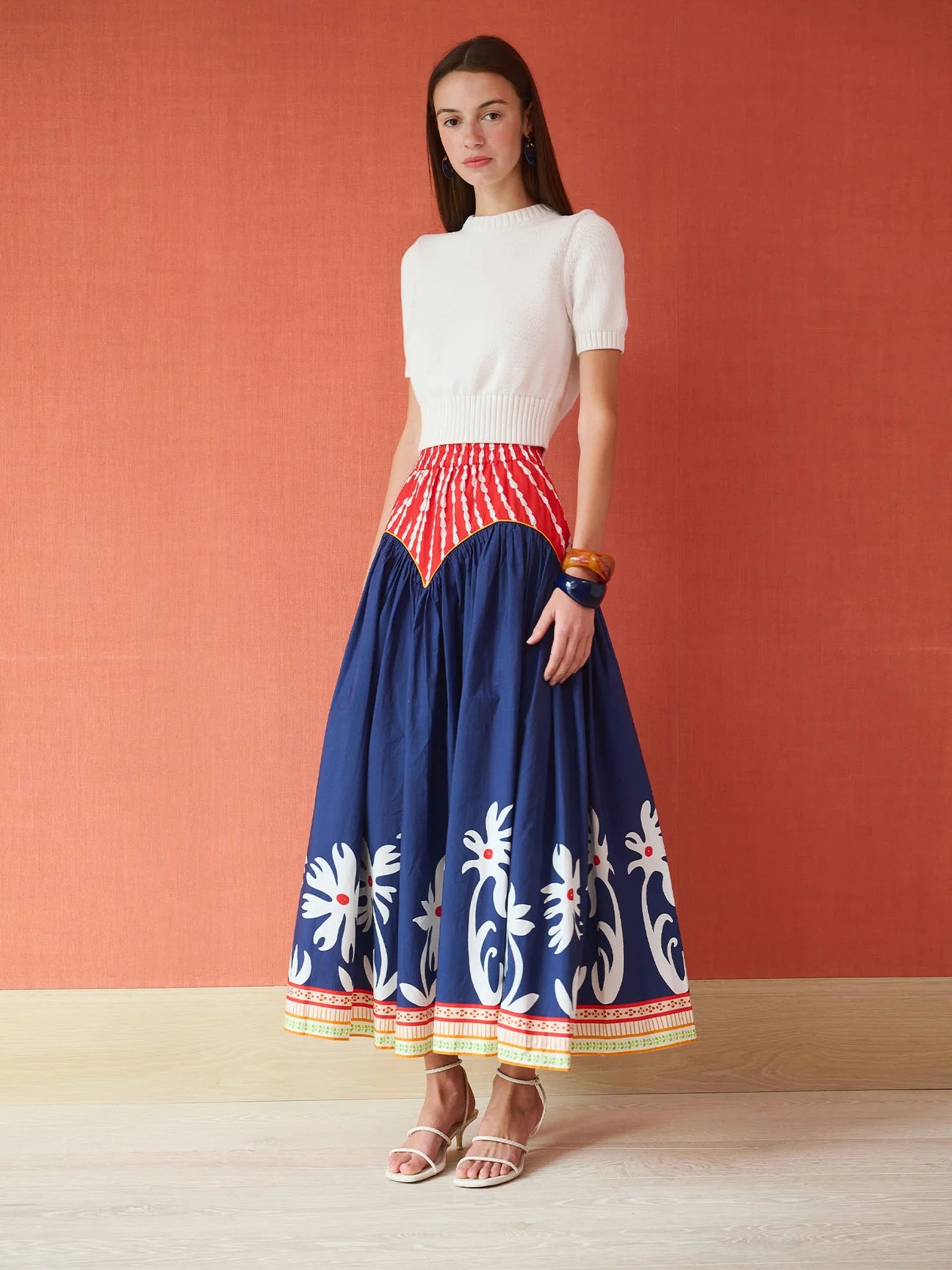 Arched Drop Waist Skirt in Painter's Garden Navy