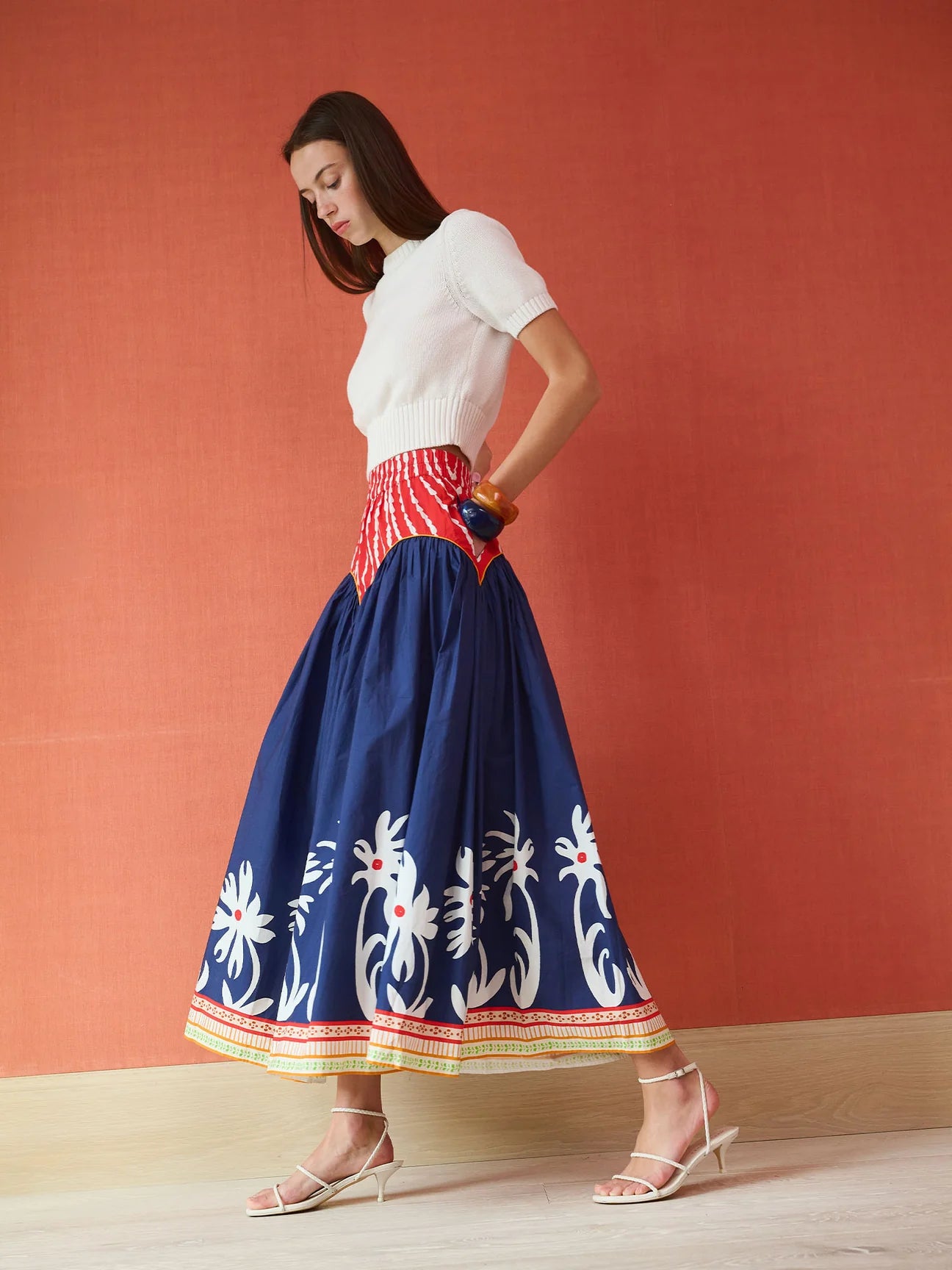 Arched Drop Waist Skirt in Painter's Garden Navy