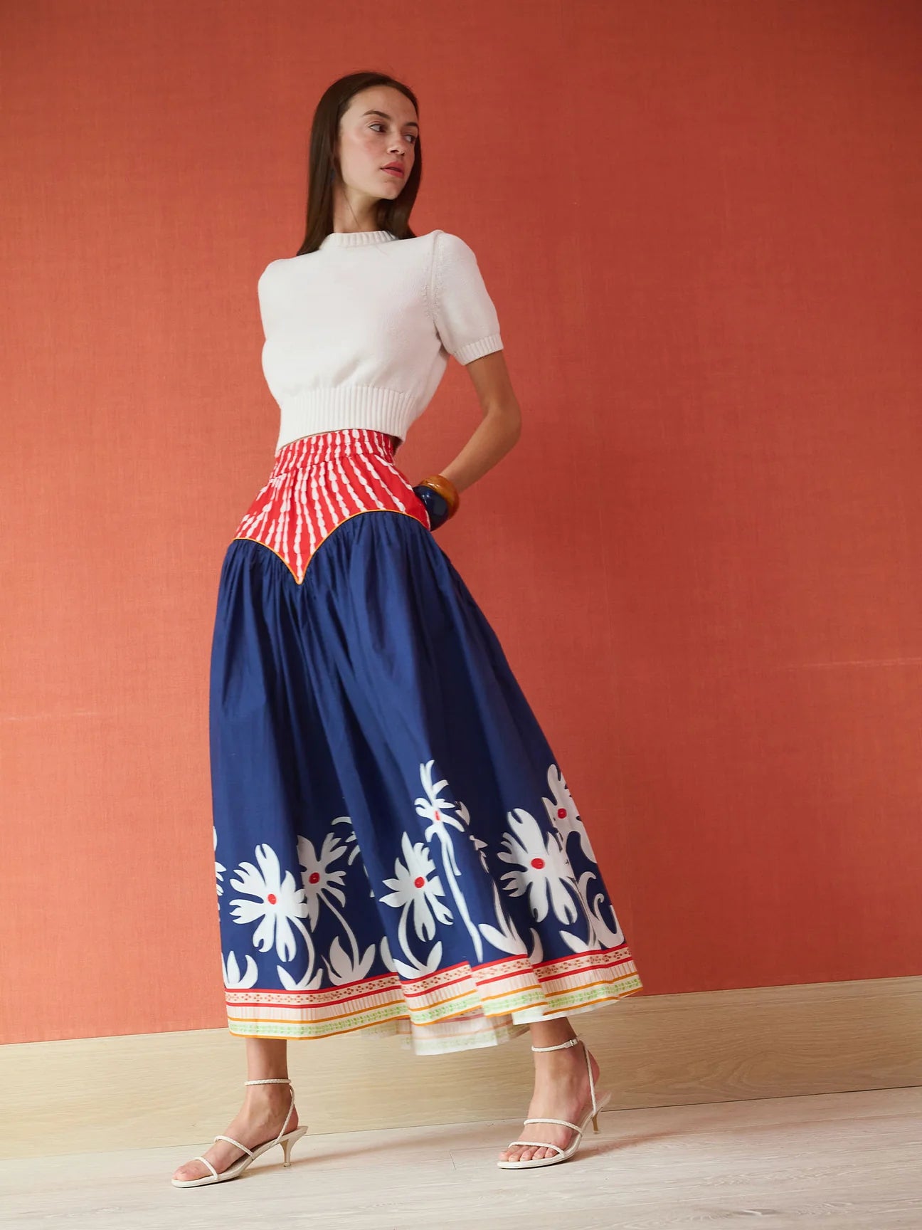 Arched Drop Waist Skirt in Painter's Garden Navy