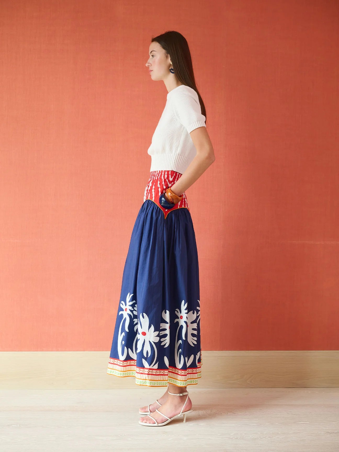 Arched Drop Waist Skirt in Painter's Garden Navy