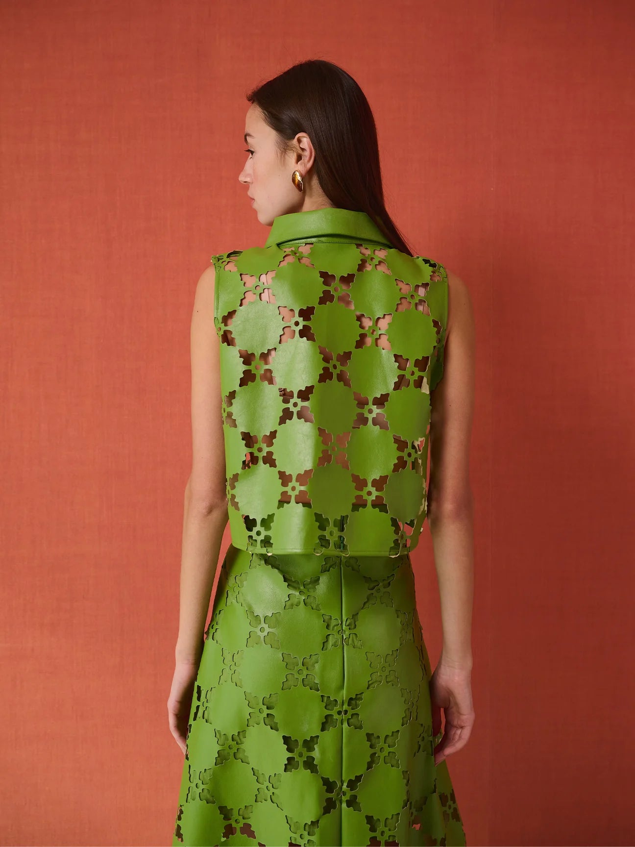 Olive Sleeveless Button Down in Laser Cut Green