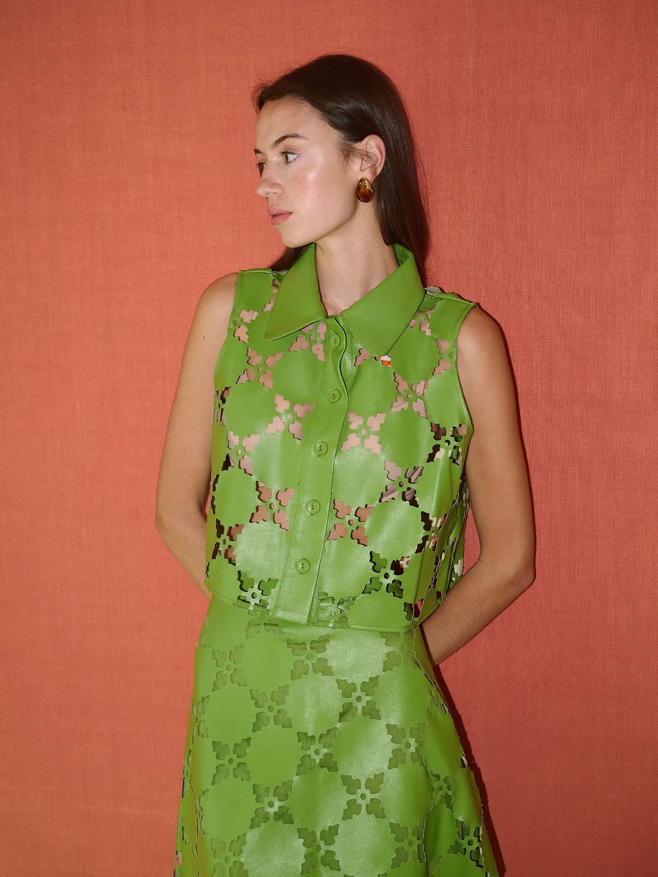 Olive Sleeveless Button Down in Laser Cut Green