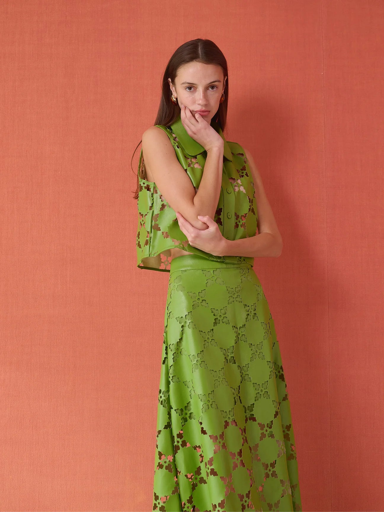 Olive Sleeveless Button Down in Laser Cut Green