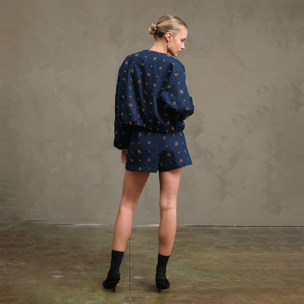 Embellished Quilted Denim Mini Skort