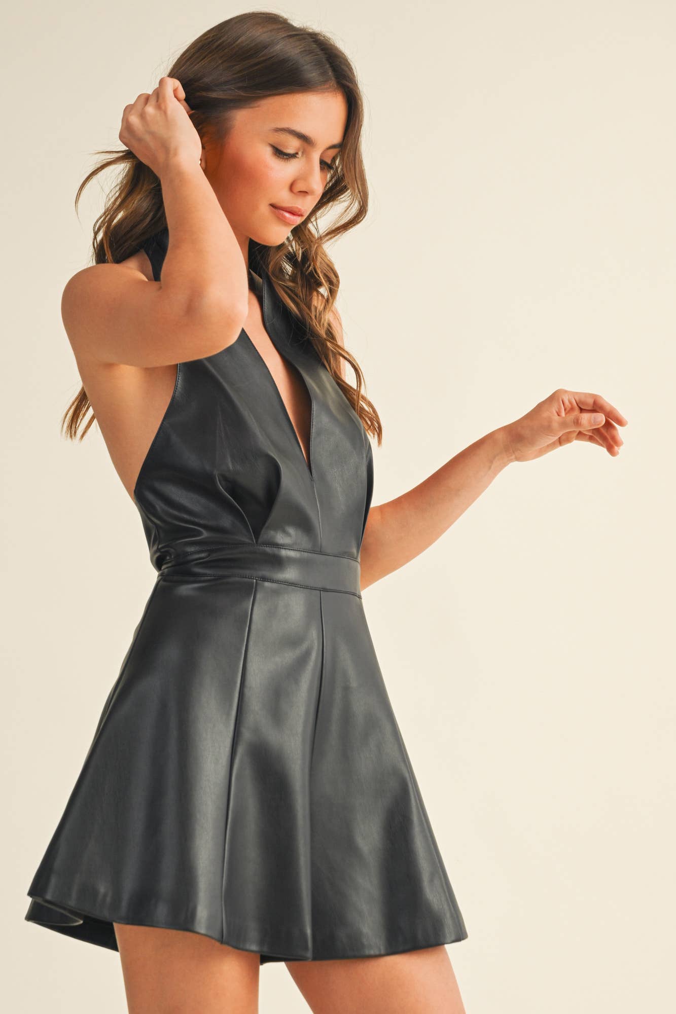 Deep V Halter Neck Leather Romper