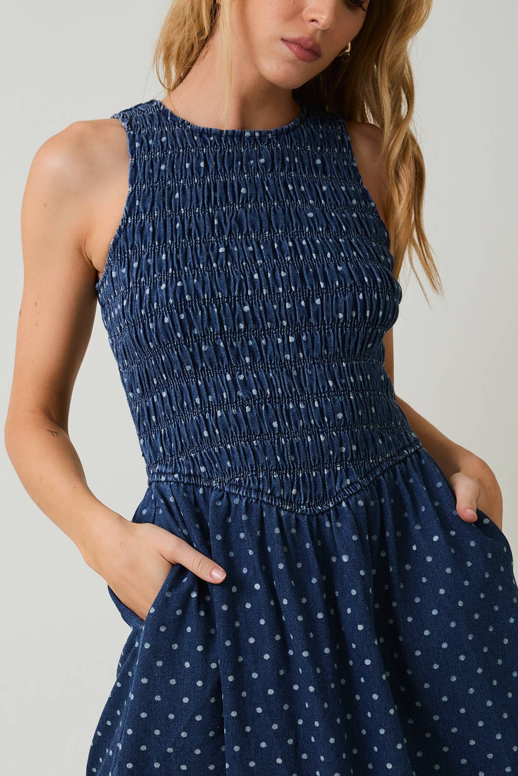 Denim Dot Smocked Midi Dress