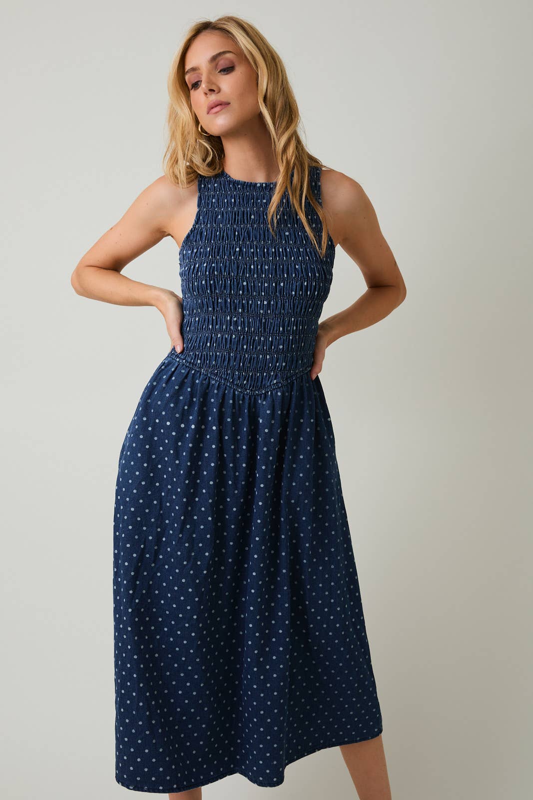 Denim Dot Smocked Midi Dress