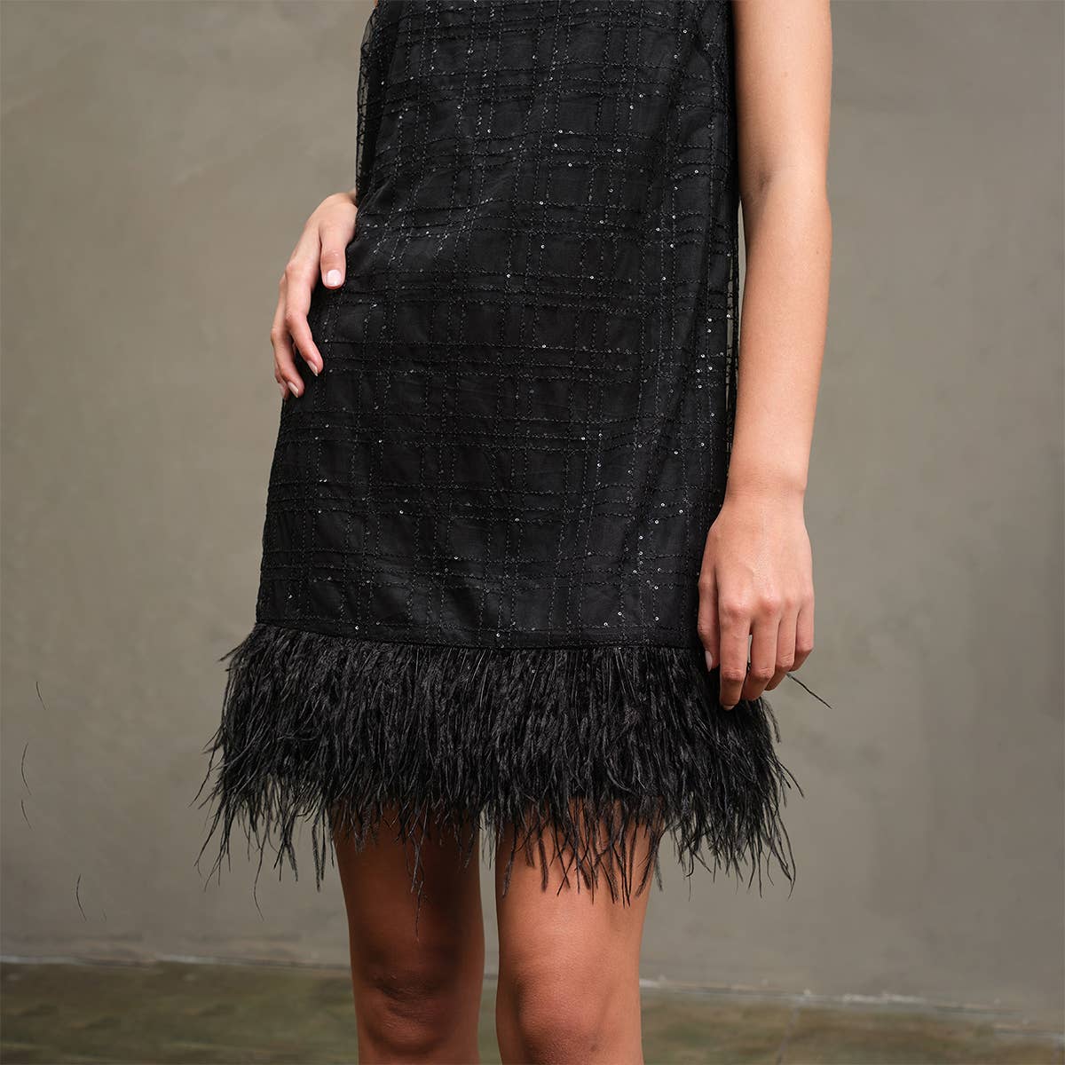 Holiday Dress With Feather Trim
