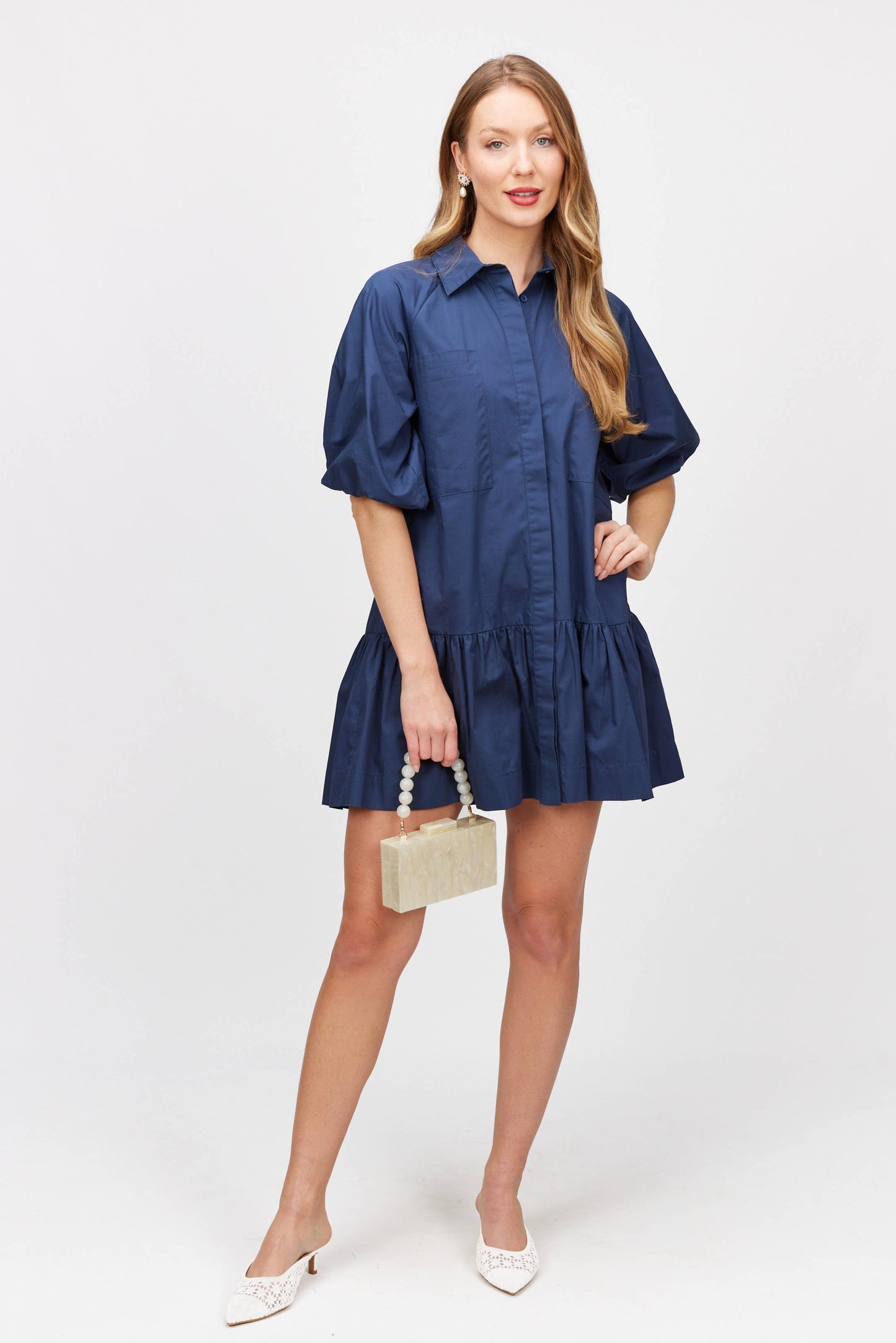 Poplin Puff Sleeves Shirt Dress