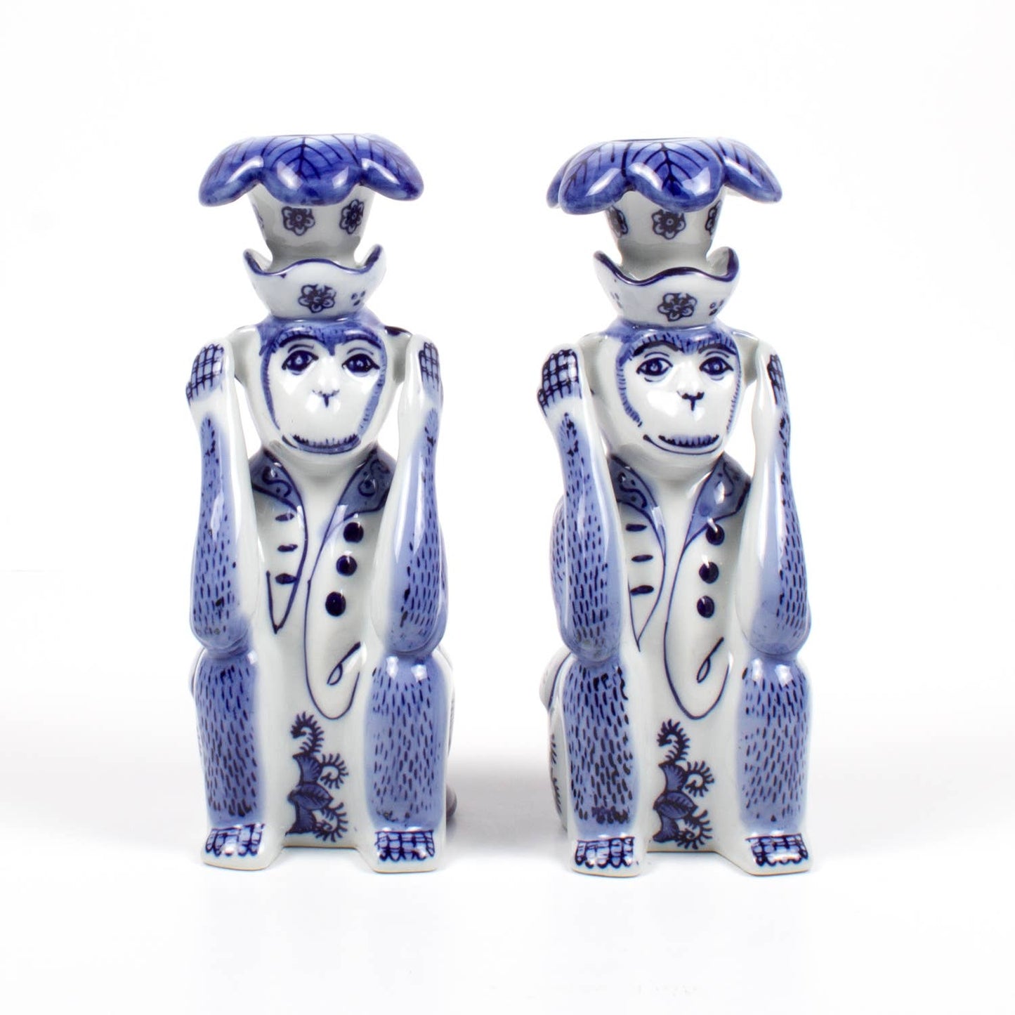 Porcelain Chinoiserie Monkey Candlestick Set