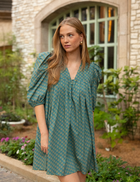 2-Tone Cotton Woven Puff Sleeve Dress
