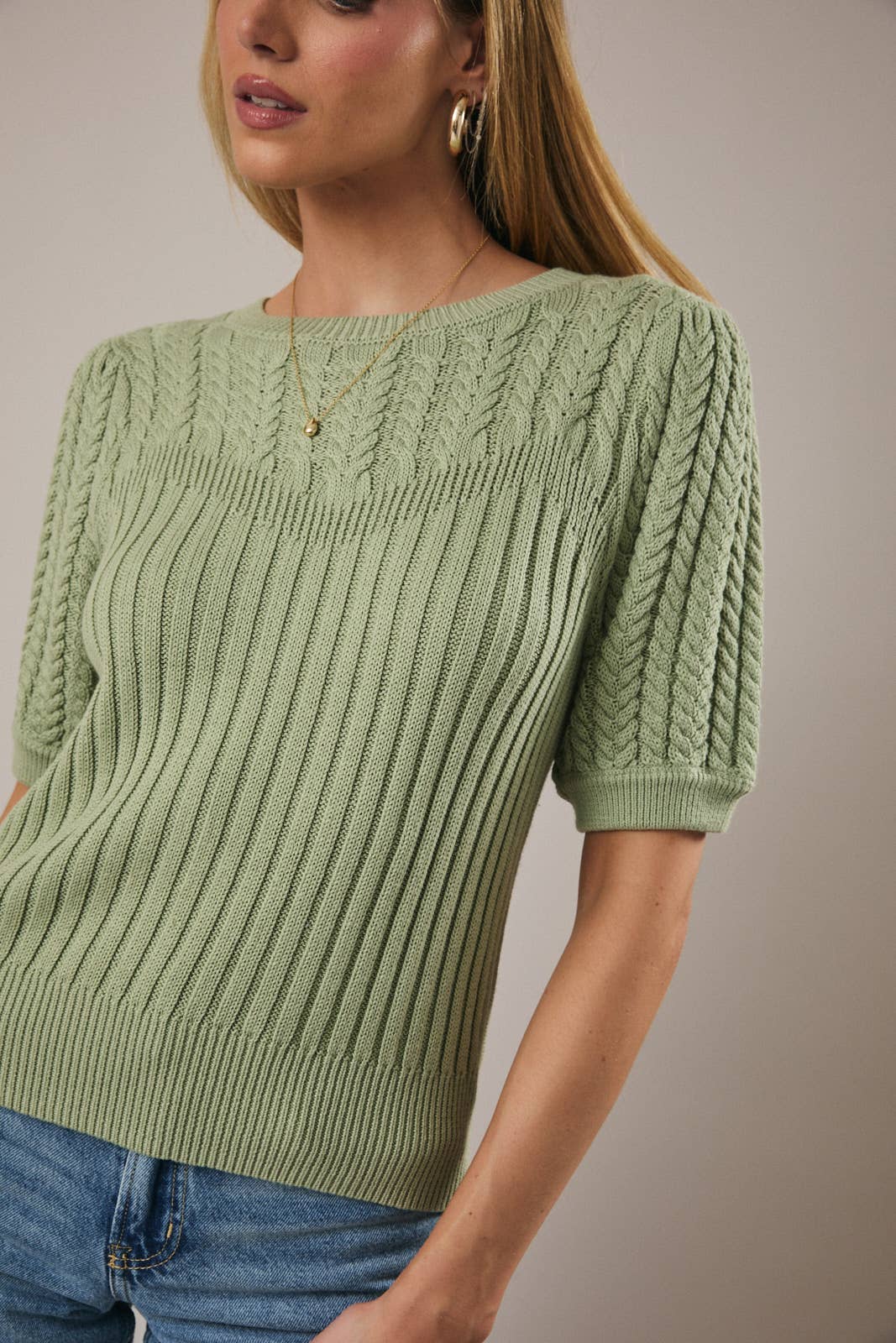 Short Puff Sleeve Lightweight Knit Sweater