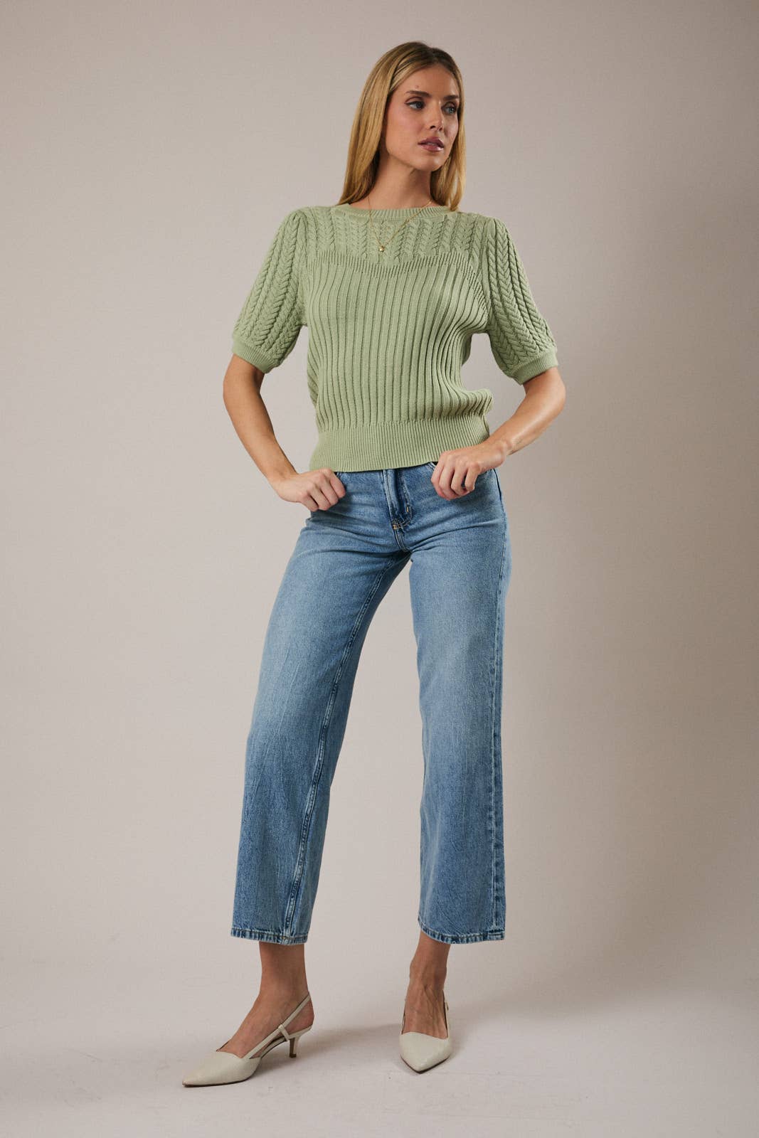 Short Puff Sleeve Lightweight Knit Sweater