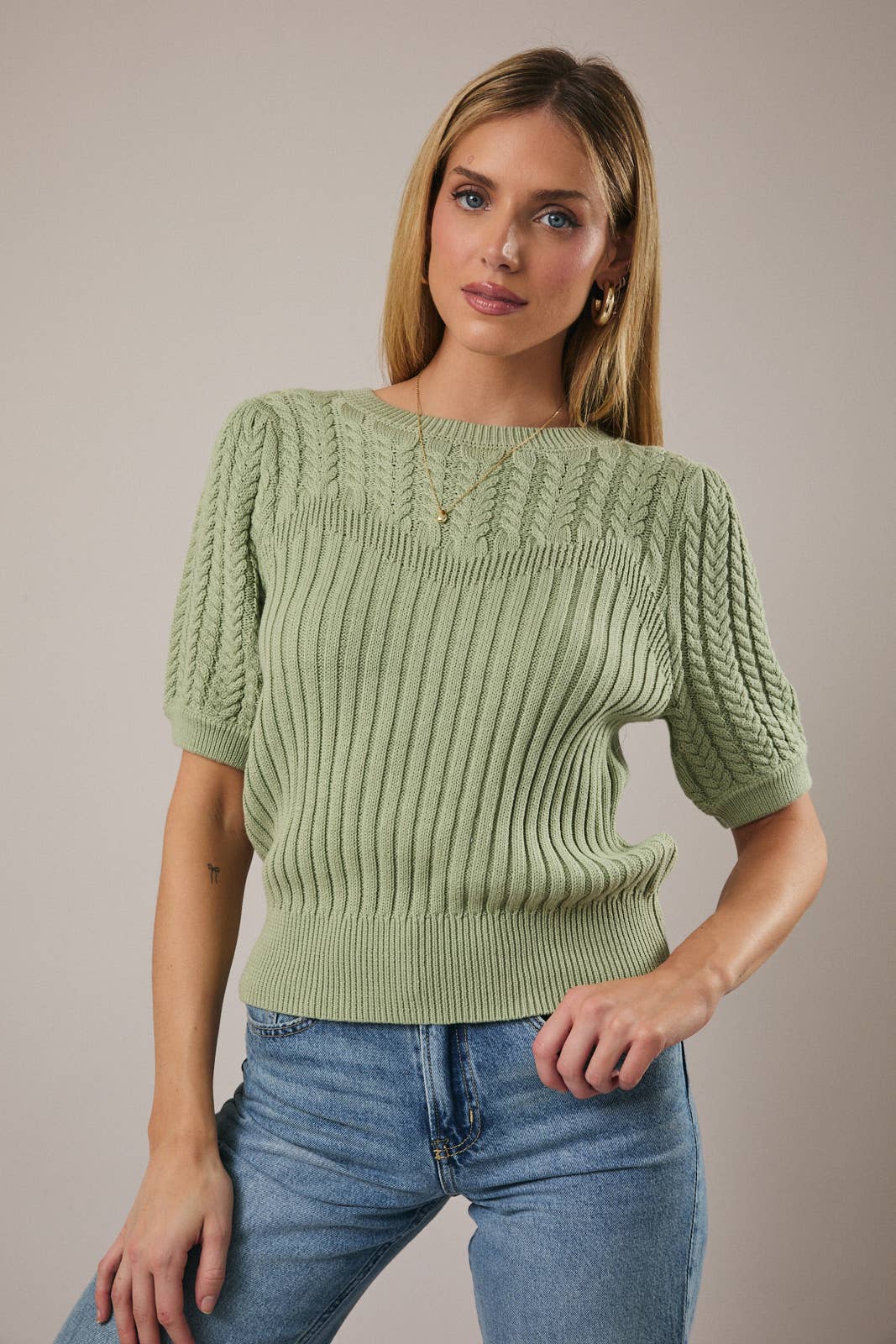 Short Puff Sleeve Lightweight Knit Sweater