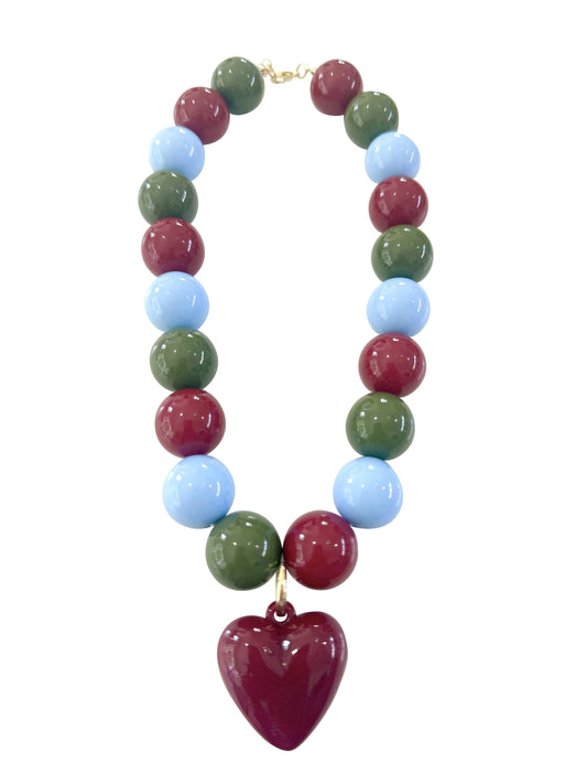 Max Chunky Beaded Heart Necklace - Green/Maroon Mix