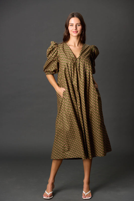 Poplin Puff Sleeve Midi Dress