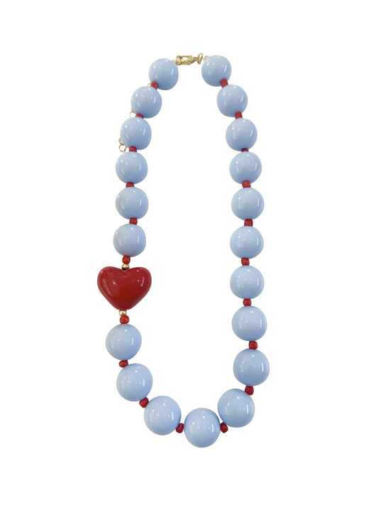 Judy Chunky Beaded Heart Necklace - Light Blue