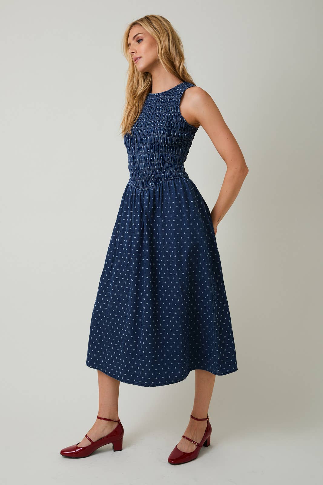 Denim Dot Smocked Midi Dress