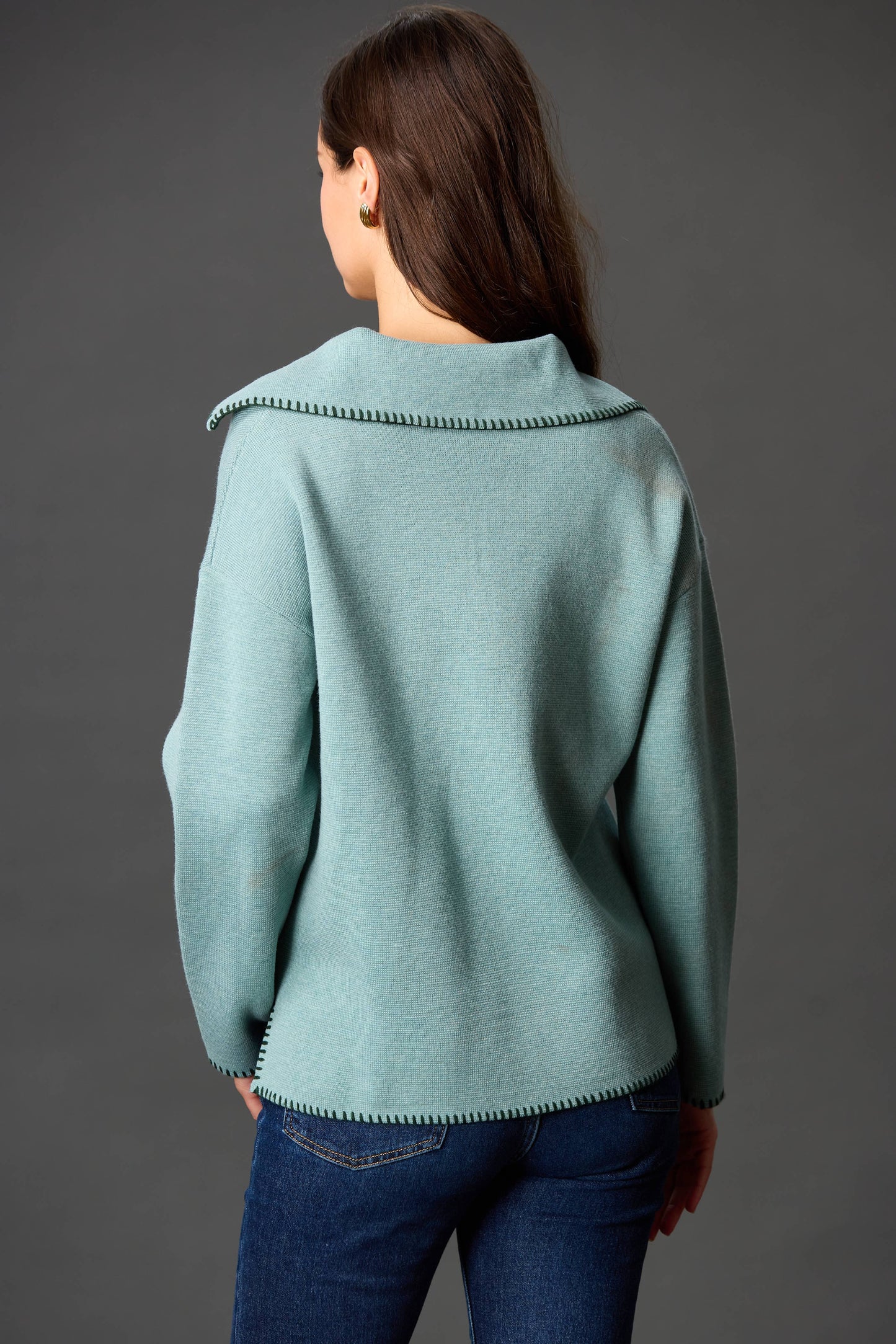 Wool Blend Blanket Stitch Detail Collared Knit Top