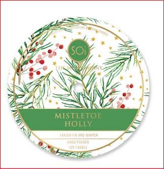 SOi Mistletoe Holly Candle Gold ROUND Bowl 14oz