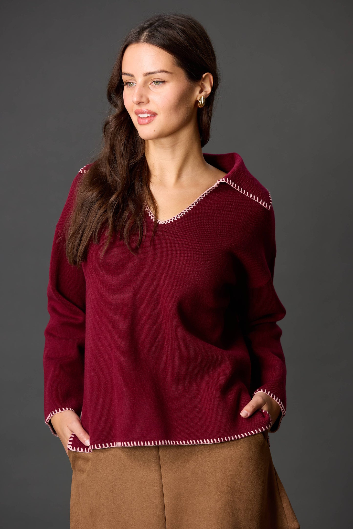 Wool Blend Blanket Stitch Detail Collared Knit Top