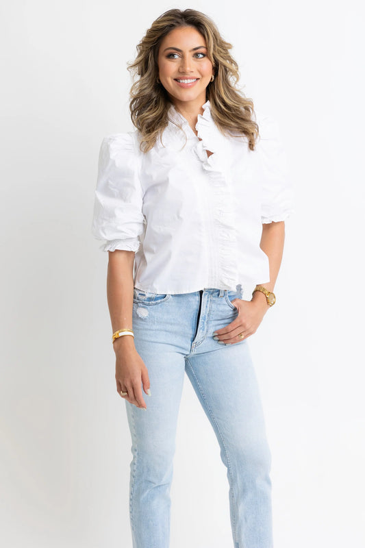 Solid Poplin Puff Sleeve Ruffle Blouse